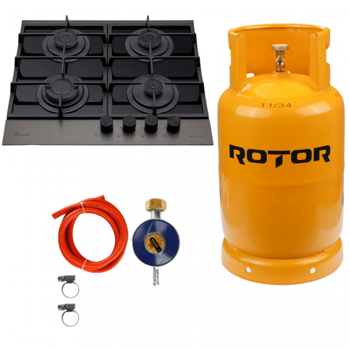 Pachet Plita incorporabila Tornado Eclipse, autoaprindere integrata, supapa de siguranta, latime 60 cm, Dark Inox cu Butelie GPL 26L, Ceas Regulator, Furtun 2m și 2 Coliere [1]