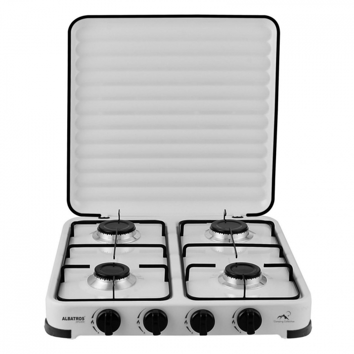 Pachet Plită pe Gaz Albatros APG41W – 4 Arzătoare (4×2.2 kW), Suprafață Emailată, Grătar Metalic Emailat, Butoane Ergonomice+  Butelie GPL 26L, Ceas Regulator, Furtun 2m și 2 Coliere [4]
