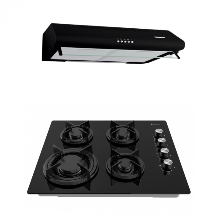 Pachet - Plită pe gaz FRAM FBH-M4IRF-GBK 4 arzătoare Sticlă Neagră + Hotă tradițională HEINNER CH-400-BK Neagră, 2 motoare, 60 cm [1]
