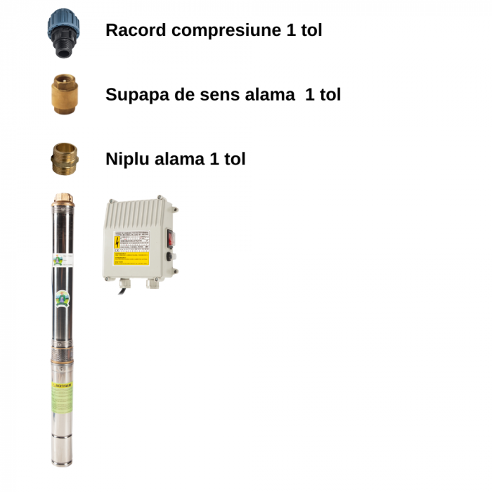 Pachet - Pompa submersibila, 75QJD 1.8-54/15-0.55, panou comanda, 75 mm, 750 W, debit  3 mc/h, Micul Fermier GF-0710-S001-G02 + Supapa + Niplu + Racord 1 tol [2]