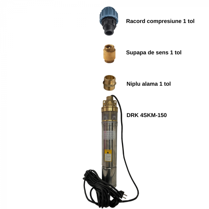 Pachet - Pompa submersibila cu 2 turbine DRK, Model 4SKM-150, putere 1.1 KW, refulare la 150 m + Supapa + Niplu + Racord 1 tol [2]