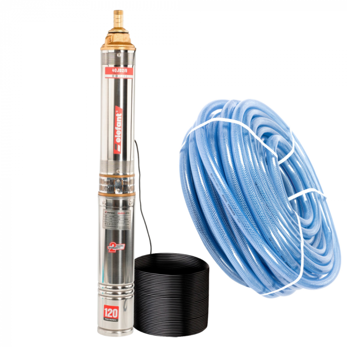 Pachet - Pompa submersibila ELEFANT 4QJD2/8-750W, debit 5 m³/h, adancime max 40 M + Furtun apa transparent cu insertie 1 tol Ø32 - 50 m [1]