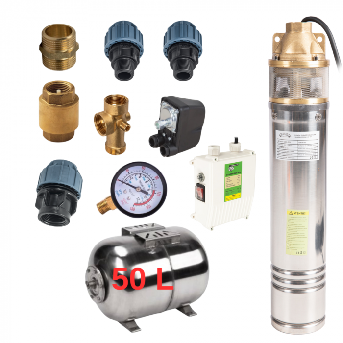 Pachet - Pompa Submersibilă Micul Fermier 1300W, 60m, 3000l/h, pentru Sistem Hidrofor + Accesorii: Presostat, Manometru, Vas Inox 50L, Niplu, Supapă, Racorduri [1]