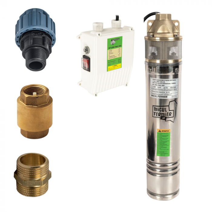 Pachet - Pompa submersibila Micul Fermier, putere 1.3kW, debit 3000l/h, inaltime maxima pompare 60m + Supapa + Niplu + Racord 1 tol [1]