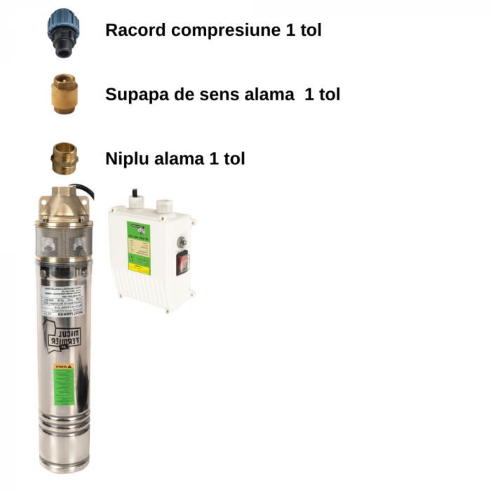 Pachet - Pompa submersibila Micul Fermier, putere 1.3kW, debit 3000l/h, inaltime maxima pompare 60m + Supapa + Niplu + Racord 1 tol [2]