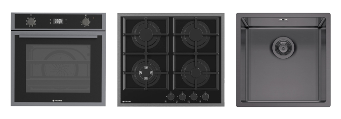 Pachet Pyramis 22P PVD Metal Gun – cuptor electric 64L, 8 funcții, AirFry, Rotisor, plită gaz 4 arzătoare cu wok și fontă, chiuvetă inox, finisaj PVD și sticlă neagră [1]