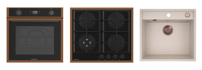Pachet Pyramis 23P PVD Cooper – cuptor electric 64L, 8 funcții, AirFry, Rotisor, plită gaz 4 arzătoare cu wok și grătare fontă, chiuvetă granit, finisaj PVD și sticlă neagră [1]