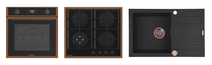 Pachet Pyramis 24P PVD Cooper – cuptor electric 64L, 8 funcții, AirFry, Rotisor, plită gaz 4 arzătoare cu wok și fontă, chiuvetă granit, finisaj PVD și sticlă neagră [1]