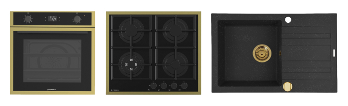 Pachet Pyramis 24P PVD Gold – cuptor electric 64L, 8 funcții, AirFry, Rotisor, plită gaz 4 arzătoare cu wok și grătare fontă, chiuvetă granit, finisaj PVD și sticlă neagră [1]