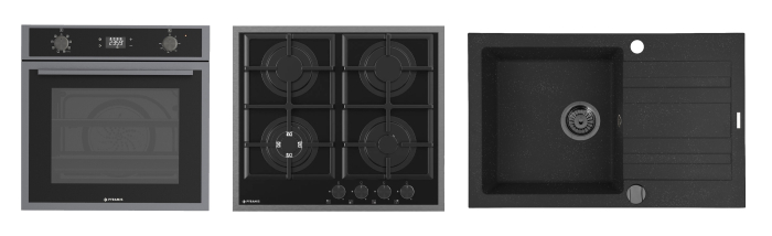 Pachet Pyramis 24P PVD Metal Gun – cuptor electric 64L, 8 funcții, AirFry, Rotisor, plită gaz 4 arzătoare cu wok și fontă, chiuvetă granit, finisaj PVD și sticlă neagră [1]