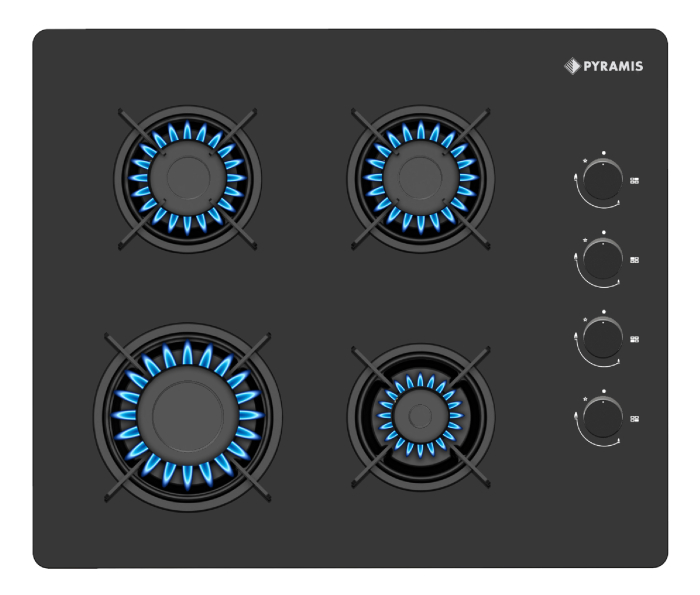Pachet Pyramis 2P, cuptor electric incorporabil 65L, 4 funcții, clasa A, timer mecanic, butoane retractabile, plită gaz 4 arzătoare cu grătare individuale emailate, finisaj sticlă neagră [3]