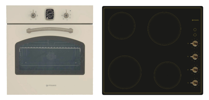 Pachet Pyramis 37P Vintage Beige – cuptor electric incorporabil 64L, 6 funcții, clasa A, plită vitroceramică 4 zone de gătit, ceas analog SQ, finisaj bej anticizat [1]