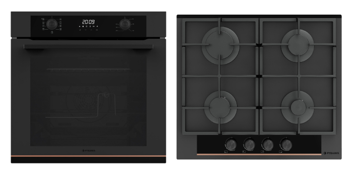 Pachet Pyramis Duo Copper Line 2080 Black Glass, cuptor electric incorporabil 72L cu 9 funcții, clasa A, Soft Close, Rotisor, butoane retractabile, ghidaje telescopice și plită gaz 4 arzătoare [1]