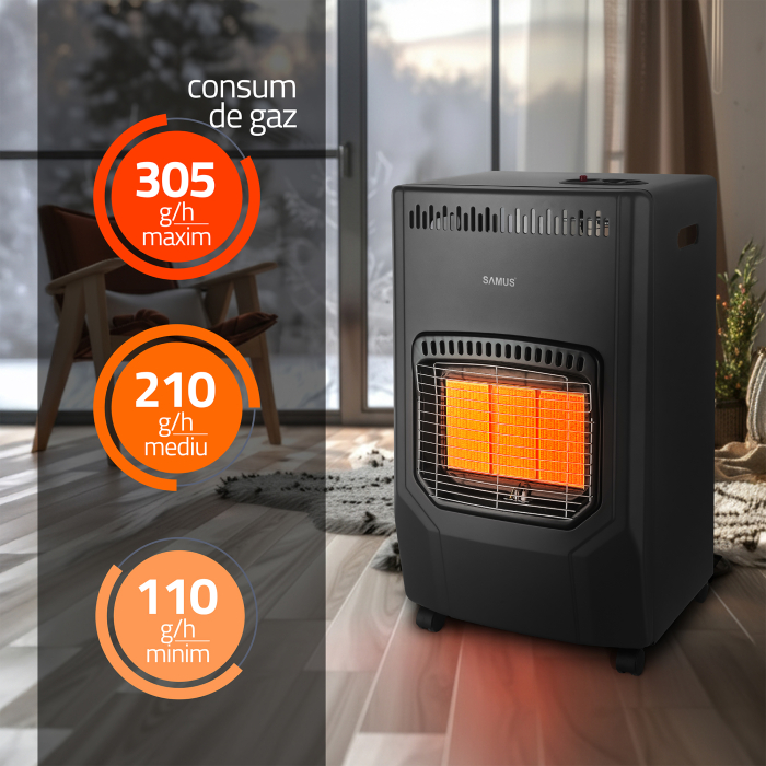 Pachet - Soba pe gaz Samus RS423 Aprindere piezoelectrica, 3 trepte putere 1.5 / 2.8 / 4.2 kW, senzor o2 comutator anti rasturnare + Butelie GPL General Max 26L [12]