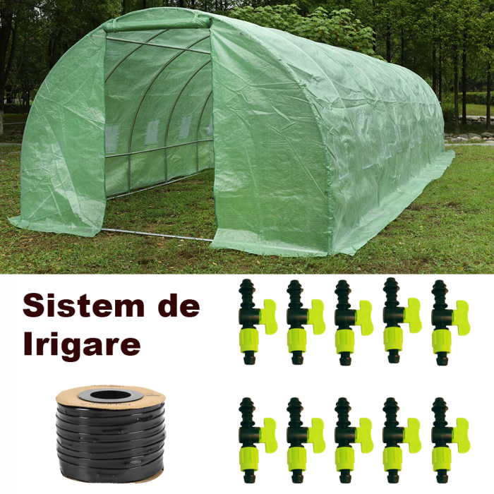 Pachet Solar/Sera 10x3x2m, polietilena, densitate 140g/mp Micul Fermier + Sistem Irigare prin Picurare (10 Robineți + Bandă 100m) [1]