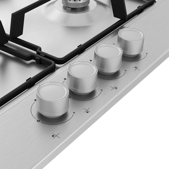 Plita gaz Beko, control butoane frontal, 4 arzatoare, siguranta plita, aprindere integrata, arzatoare cu eficienta ridicata, suport vase emailat, 60 cm latime, culoare butoane: inox cu capac cromat, 4 [4]