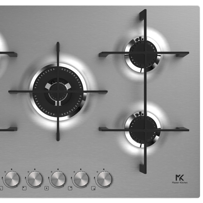 Plita gaz Master Kitchen, gama Edge, design inox, 75 cm, 5 arzatoare plate, gratare fonta, arzator coroana tripla, aprindere integrata, sistem siguranta [2]
