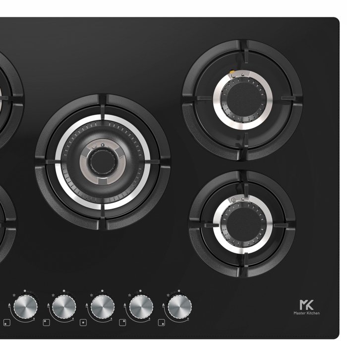 Plita gaz Master Kitchen, gama Edge, design sticla neagra, 75 cm, 5 arzatoare plate, gratare fonta, arzator coroana tripla, aprindere integrata, sistem siguranta [2]