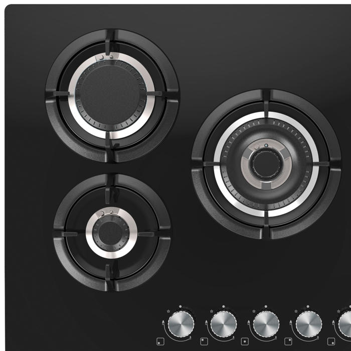 Plita gaz Master Kitchen, gama Edge, design sticla neagra, 75 cm, 5 arzatoare plate, gratare fonta, arzator coroana tripla, aprindere integrata, sistem siguranta [3]