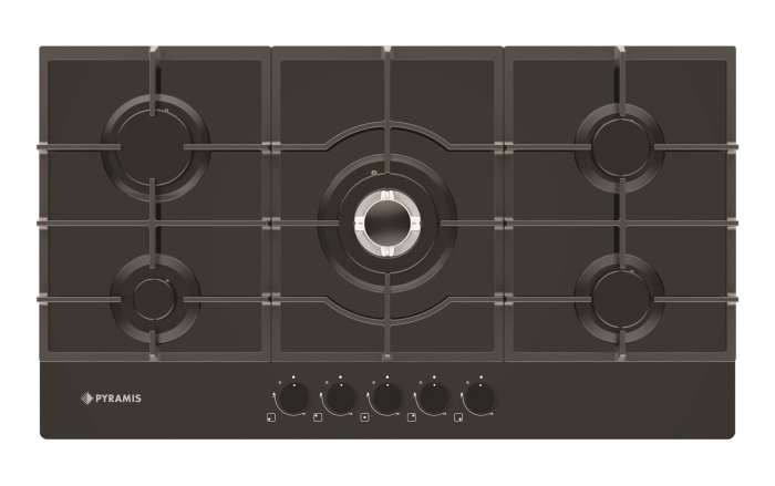 Plită gaz Pyramis 5.90 Wok, 5 arzătoare și wok, grătare fontă, control cu butoane frontale negre, design modern sticlă neagră, 900x510 mm [1]