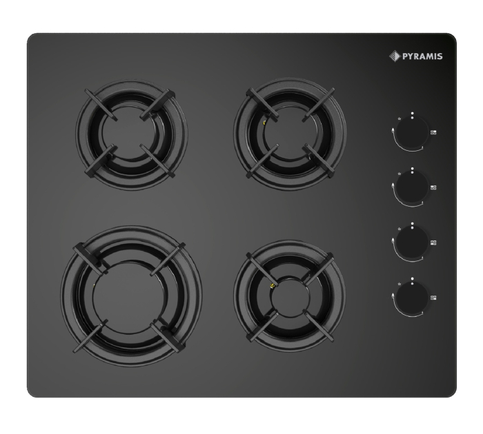 Plită gaz Pyramis 5335.02.01, 4 arzătoare cu grătare individuale emailate, control cu butoane laterale negre, design modern sticlă neagră, 600x510 mm [1]