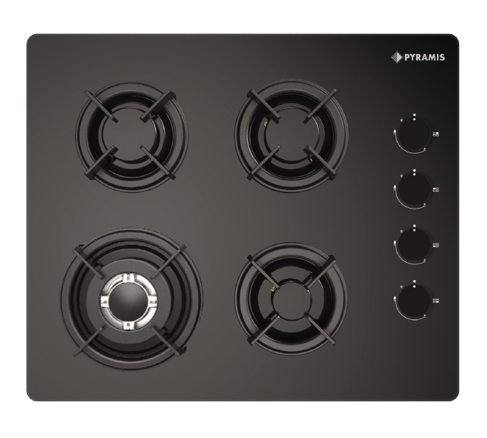 Plită gaz Pyramis 5343.02 Wok, 4 arzătoare și wok, grătare individuale din fontă, control cu butoane laterale negre, design modern sticlă neagră, 600x510 mm [1]
