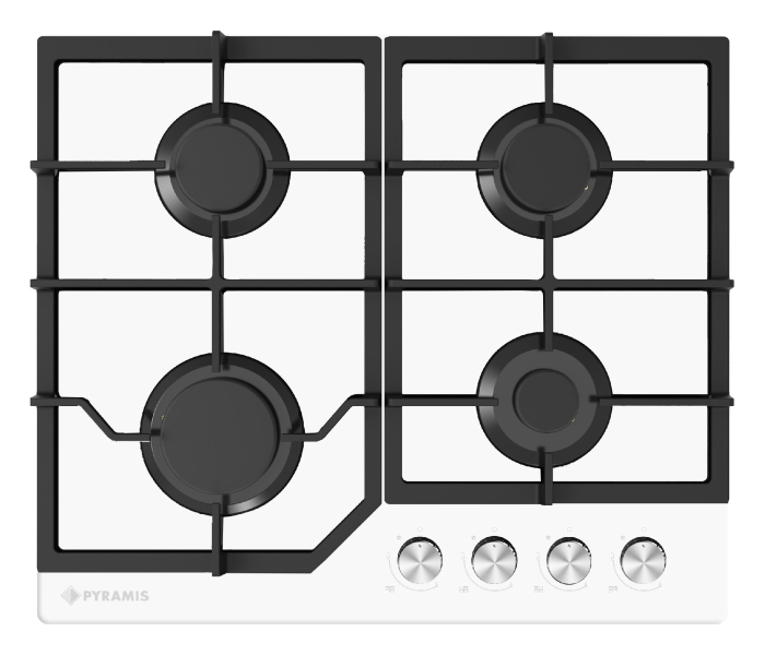 Plită gaz Pyramis 60PG 6602, 4 arzătoare, grătare fontă, control cu butoane frontale, design modern sticlă albă și fontă, 60 cm [1]