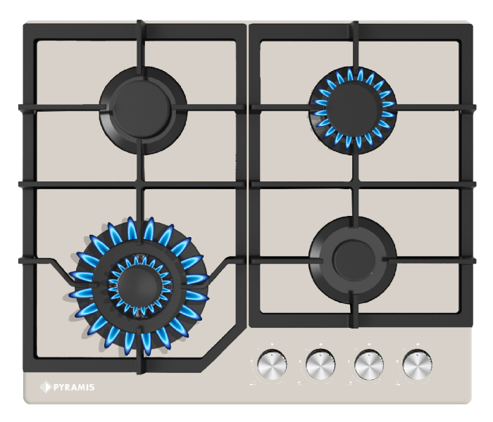 Plită gaz Pyramis 60PG 6613, 4 arzătoare și wok, grătare fontă, control cu butoane frontale, design modern sticlă bej, 60 cm [8]