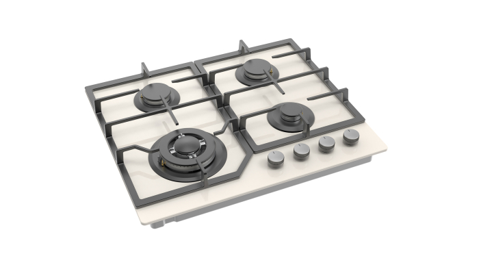 Plită gaz Pyramis 60PG 6613, 4 arzătoare și wok, grătare fontă, control cu butoane frontale, design modern sticlă bej, 60 cm [5]