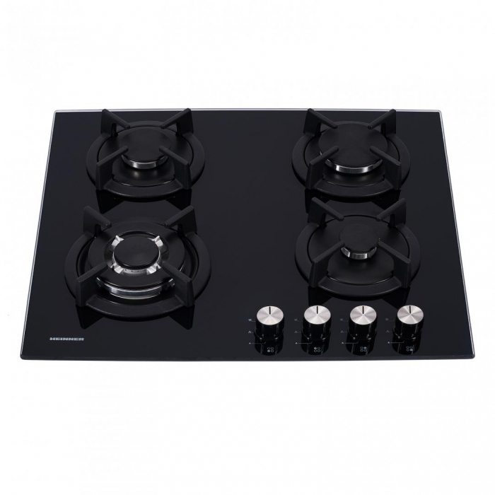 Plita incorporabila Heinner HBH-S584WI-GBK, Gaz, 4 Arzatoare, Aprindere electrica, Gratar fonta, WOK, Sticla neagra [1]