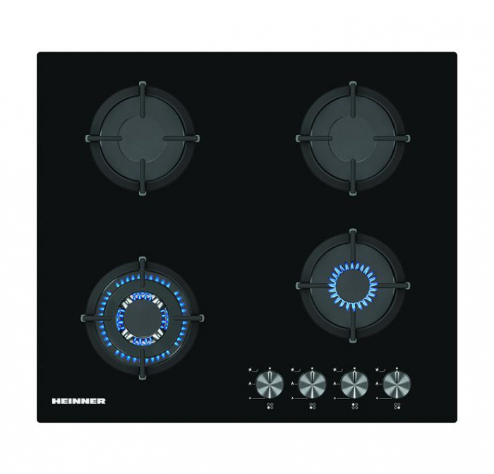 Plita incorporabila Heinner HBH-S584WI-GBK, Gaz, 4 Arzatoare, Aprindere electrica, Gratar fonta, WOK, Sticla neagra [2]