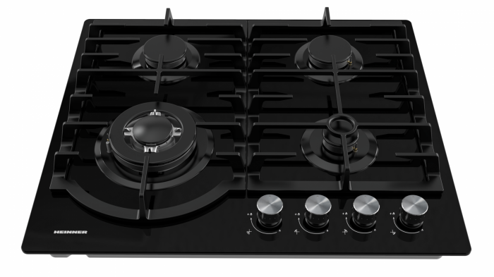 Plita incorporabila Heinner HBH-M447IWFGBK, Gaz, 4 arzatoare, Gratar fonta, Wok, Aprindere electrica, Dispozitiv de siguranta, 60 cm, Duze GPL incluse, Sticla neagra [1]