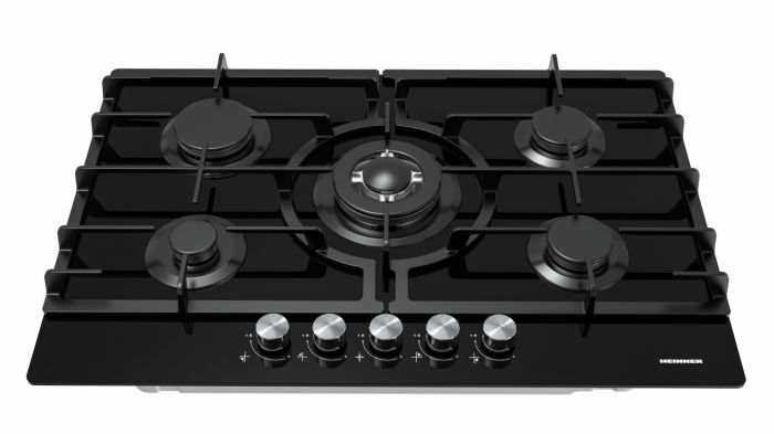 Plită Încorporabilă Heinner HBH-M705IWFGBK, 5 Zone Gaz, Arzător Wok, Sticlă Neagră, Grătare Fontă, Siguranță Avansată [1]