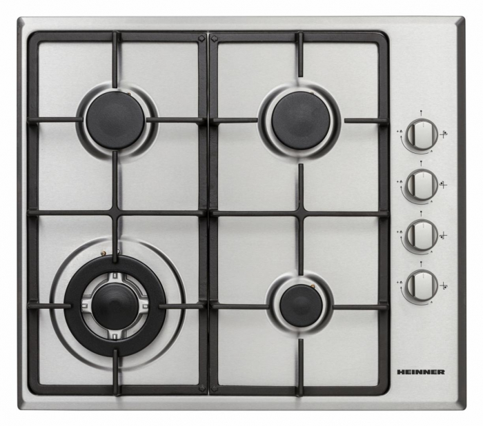 Plita incorporabila Heinner HBH-V4IWFSCIX, Gaz, 4 arzatoare, Arzator wok, Aprindere electrica integrata, Control lateral, Gratar fonta, 58 cm, Inox [1]