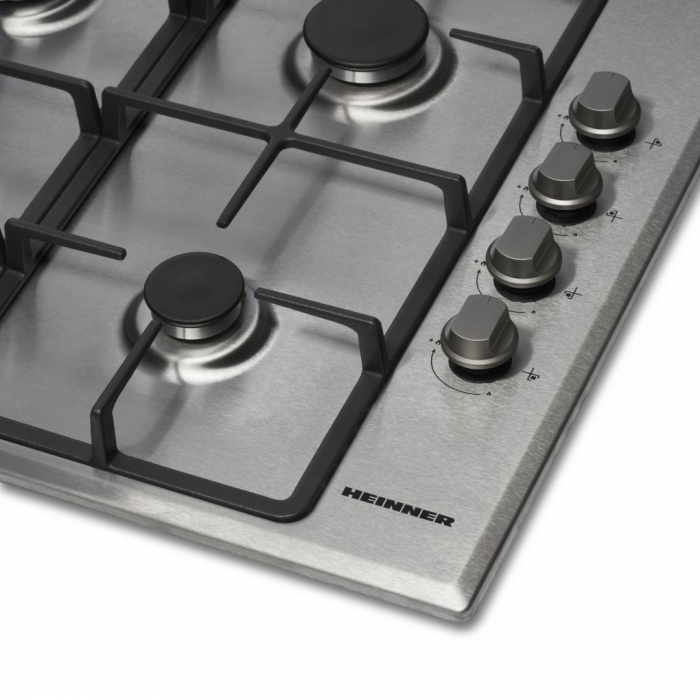 Plita incorporabila Heinner HBH-V4IWFSCIX, Gaz, 4 arzatoare, Arzator wok, Aprindere electrica integrata, Control lateral, Gratar fonta, 58 cm, Inox [4]
