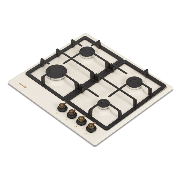Plita incorporabila NobelTek NHBG-9746RBJ, gaz, comenzi frontale, aprindere buton, gratre fonta, design rustic, Crem [2]