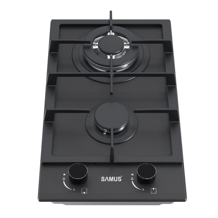 Plita incorporabila Samus PSG-32SMGN1, pe gaz, 2 arzătoare (1 mare 2.4 kW, 1 mediu 1.8 kW), sticlă neagră mată Nano, grătar fontă, aprindere electrică, panou frontal, siguranță la arzătoare, 29.4 cm [2]