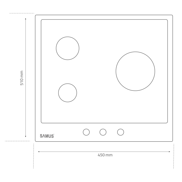 Plita incorporabila Samus PSG-43SMGN1, pe gaz, 3 arzătoare (1 triplu 3.4 kW, 1 mediu 1.8 kW), sticlă neagră mată cu acoperire Nano, grătare fontă, 45 cm, aprindere electrică, siguranță la arzătoare [3]