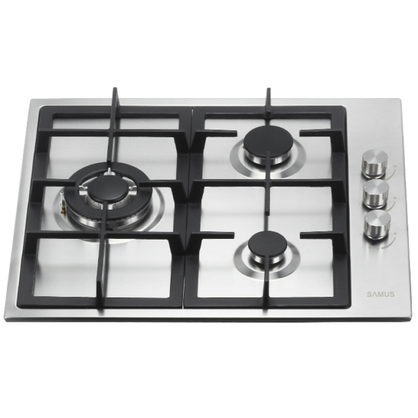 Plita incorporabila Samus PSG-63SX1, 3 arzatoare, arzator Wok, aprindere electrica, dispozitiv siguranta arzatoare, gratare din fonta, Argintie [2]