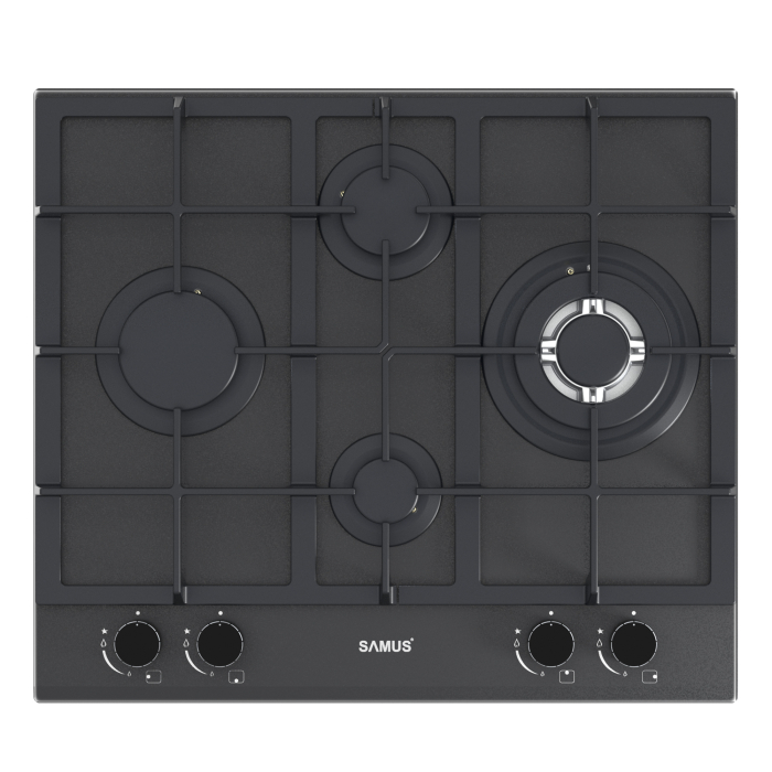 Plita incorporabila Samus PSG-64SMGN2, 4 Arzatoare gaz, Latime 58 cm, Gratare fonta, Aprindere electrica, Sticla, Neagra [2]
