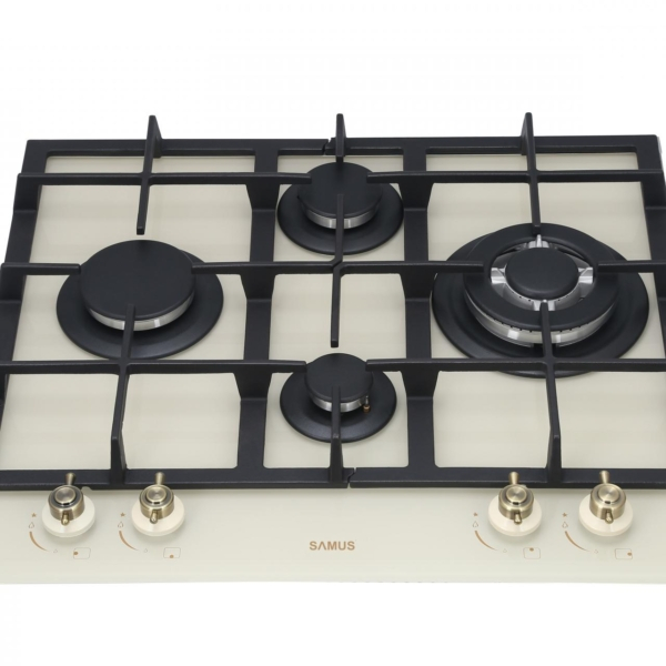 Plita incorporabila Samus PSG-64VG1, 4 arzatoare, arzator Wok,  aprindere electrica, dispozitiv siguranta arzatoare, gratare din fonta, design rustic, Bej [2]