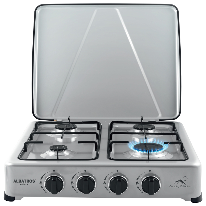 Plită pe Gaz Albatros APG42S – 4 Arzătoare (2.2 kW + 2×1.5 kW + 1 kW), Suprafață Emailată, Grătare Metalice Emailate, Butoane Ergonomice, Gaz GPL, Pentru Exterior, Culoare Argintie, Înălțime 100/140 m [2]