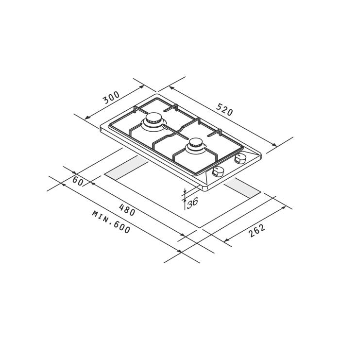 Plită pe gaz domino Pyramis 30PG 630, 2 arzătoare + 1 wok, grătare fontă, butoane frontale, finisaj inox, dimensiuni 30x52 cm [2]