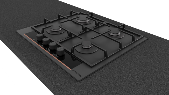 Plită pe gaz Pyramis 2082 Cooper Line Black Glass, 4 arzătoare, grătare fontă, panou de control frontal, finisaj mixt mat și lucios, dimensiuni 590x520 mm [3]