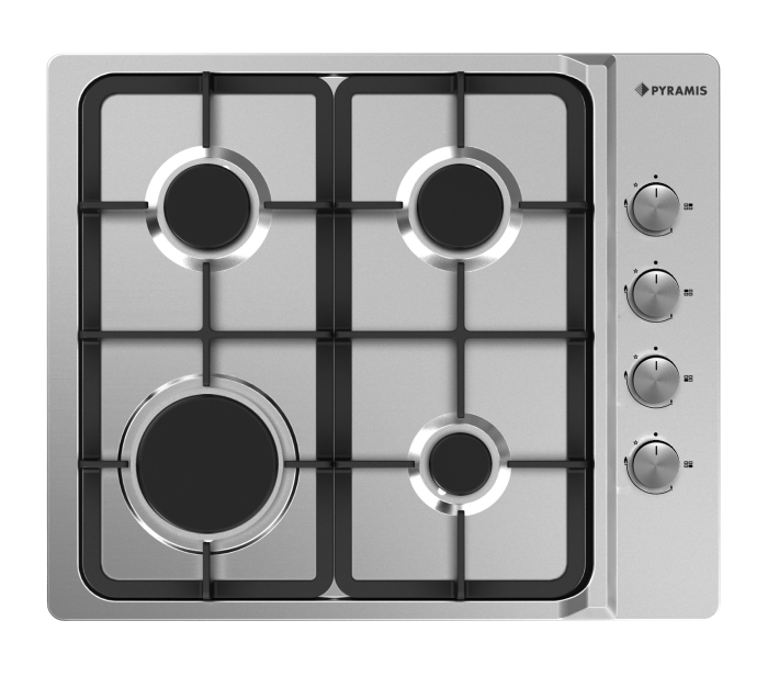 Plită pe gaz Pyramis 60PG 620, 4 arzătoare, grătare fontă, butoane laterale, finisaj inox, dimensiuni 59x50 cm [1]