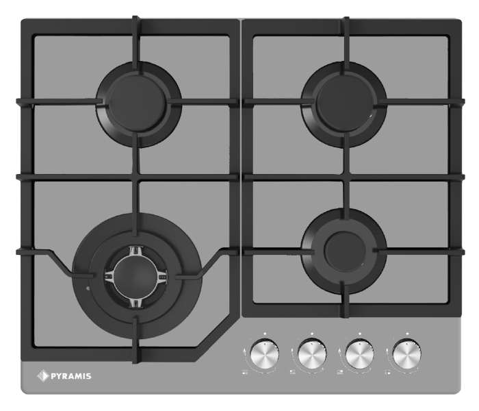 Plită pe gaz Pyramis 60PG 6614 Grey Glass, 4 arzătoare + wok, grătare fontă, butoane frontale, finisaj sticlă gri, dimensiuni 60x51 cm [1]