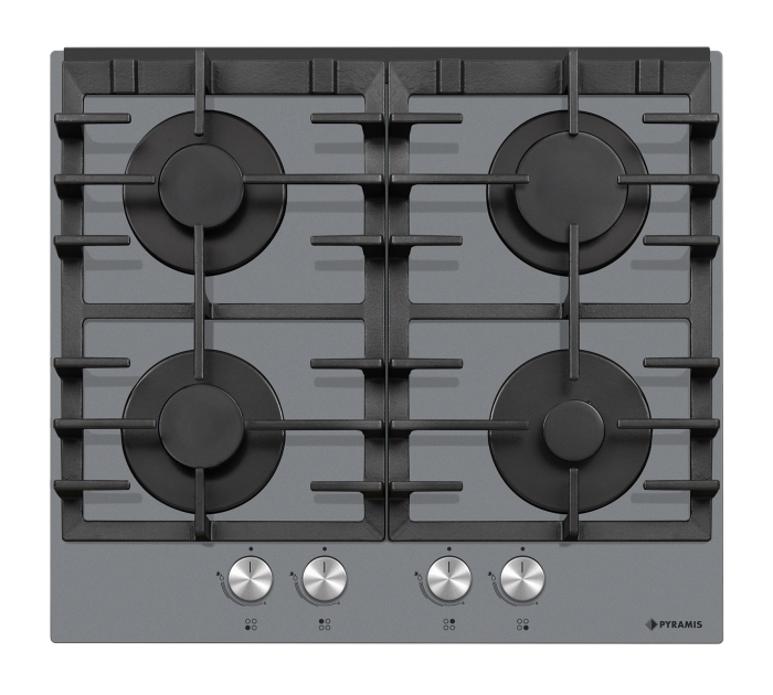 Plită pe gaz Pyramis 6704 Grey Pearl, 4 arzătoare, grătare fontă, butoane frontale, finisaj premium sticlă gri, dimensiuni 594x523 mm [1]