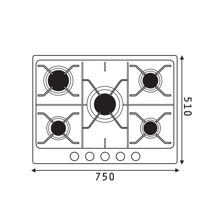 Plită pe gaz Pyramis 75PG 630, 5 arzătoare + 1 wok, grătare fontă, butoane frontale, finisaj inox, dimensiuni 75x51 cm [2]