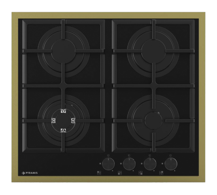 Plită pe gaz Pyramis 8080 PVD Gold, 4 arzătoare + wok, grătare fontă, butoane frontale, finisaj sticlă neagră cu ramă PVD gold, dimensiune 59 cm [1]