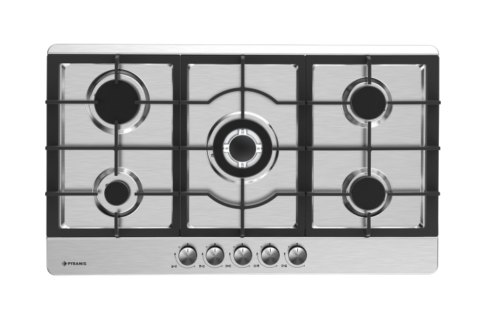Plită pe gaz Pyramis 90PG 630, 5 arzătoare + 1 wok, grătare fontă, butoane frontale, finisaj inox, dimensiuni 86x51 cm [1]